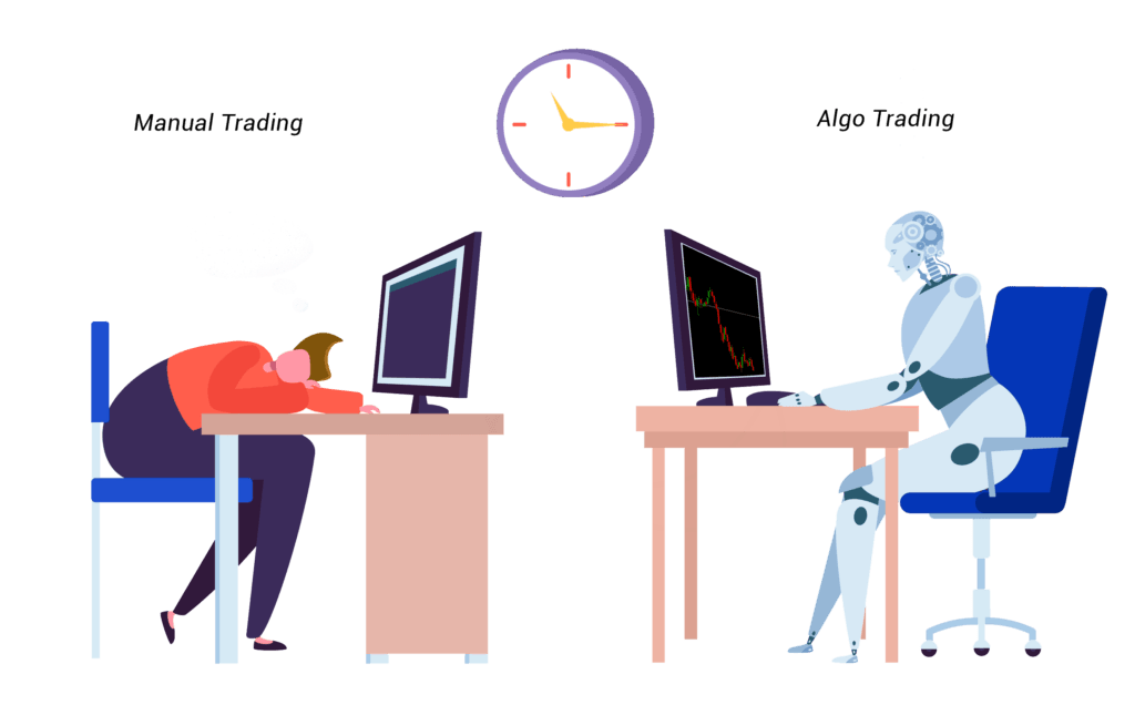 An infographic comparing algorithmic trading with traditional trading, highlighting differences in speed, emotion, accuracy, and scalability."